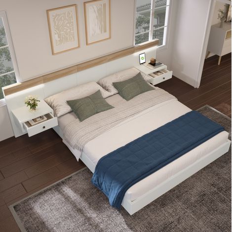 Letto matrimoniale in legno bianco e rovere Sonoma 180x200 cm con 2 comodini LED e prese USB/USB-C (1/5)