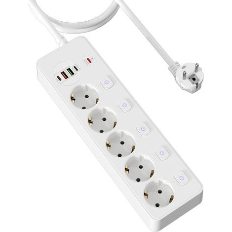 Kompakte Steckdosenleiste mit 4 USB-Anschlüssen, 5 Steckdosen, separaten Schaltern, PD20W- und QC3.0-Schnellladefunktion, 2 m Kabel – weiß (1/5)