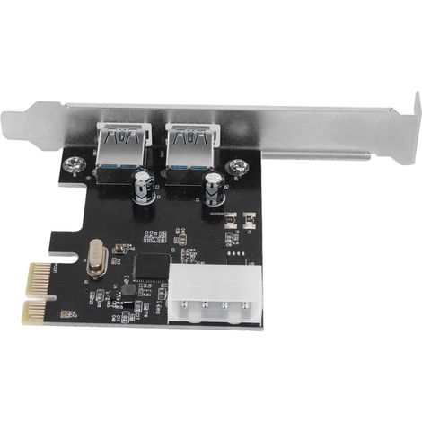 Carte d'extension PCIe vers USB
3.0 5 Gbit/s, 2 ports, alimentation 4 broches, contrôleur PCIe Plug and Play pour PC de bureau Windows (1/5)