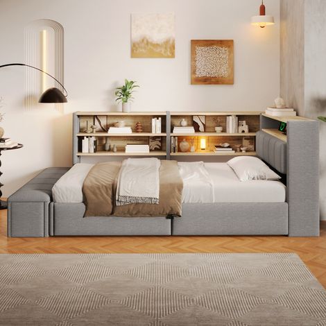 Lit coffre 90x200 cm lit enfant avec rangement hydraulique et sommier relevable LED APP avec USB-A et USB-C chevet modulable velours gris (1/5)