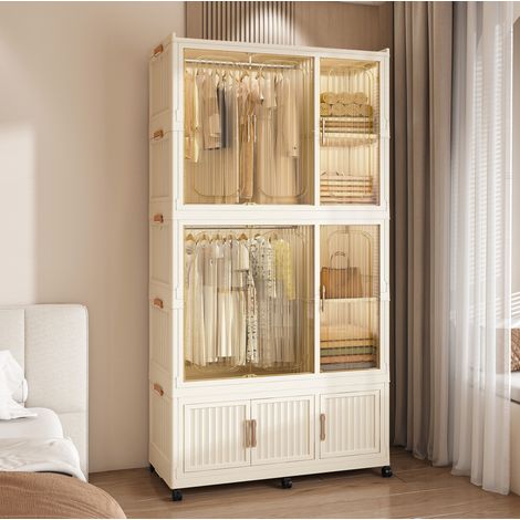 MODFU – Armario plegable de 9 puertas magnéticas de PP con 2 barras, ruedas con freno y 6 perchas incluidas – Blanco crema (1/5)