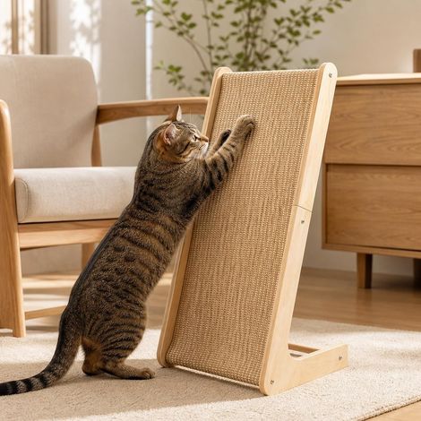 Griffoir double usage en forme de L pour chat - Grand 69 cm - En carton résistant aux rayures - Pour l'entretien des griffes - Tapis à gratter pour canapé et protection murale - Avec jouet de souris (1/5)