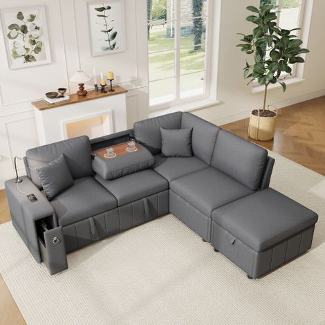 Canapé d’angle réversible 4 places 213x184 cm avec 2 coussins, liseuse et porte-gobelets pour salon, gris (1/5)