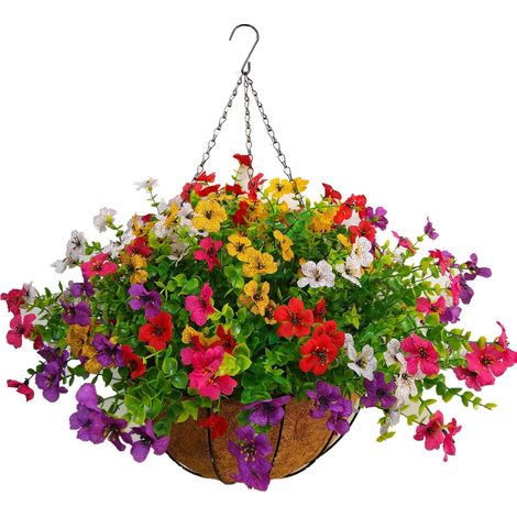 Décoration de la maison - Fleurs artificielles multicolores en soie - Chaîne à suspendre - Décoration de jardin ou de mariage - Fleurs artificielles violettes (grand panier) (1/5)
