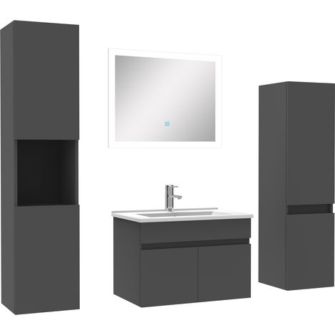 Ensemble meuble vasque 60cm + colonne de rangement + miroir lumineux Anthracite