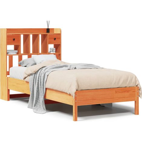 Lit simple  Lit adulte  Lit bibliothèque sans matelas cire marron 75x190 cm pin massif