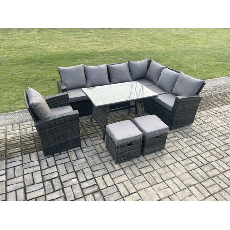 Fimous Outdoor Furniture Garden Dining Set Rattan Corner Sofa Chair Set Rectangular Dining Table with Temper Glass Footstools Dark Grey Mixed (1/5)