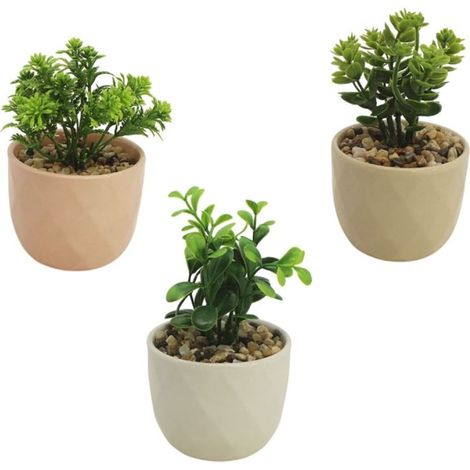 TrAdE Shop Traesio - Set 3pz Vasetto In Ceramica Colorato Con Piantina Artificiale Assortita 8cm Casa 164230 - (1/2)