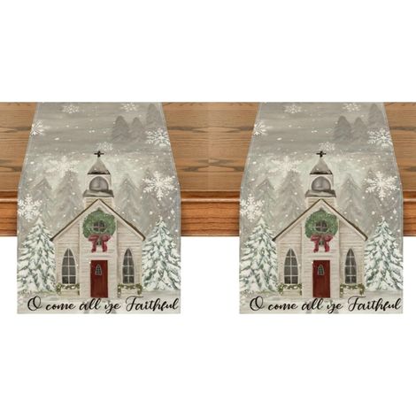 Camino de mesa navideño para iglesia, decoración para fiestas en casa, 33 x 183 cm, árboles de Navidad y copos de nieve, decoración de mesa (2 piezas) (1/5)