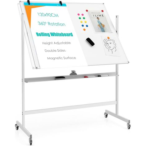 Goplus – Tableau blanc magnétique rotatif 360° – Hauteur réglable 160-188 cm – Surface 120 x 90 cm – 4 roues avec verrouillage – Accessoires inclus