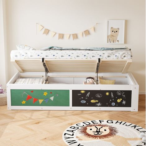 Lit multifonction en bois blanc 90x200 cm avec rangement hydraulique, ardoise et espace livres (1/5)