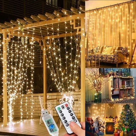 3x3m Guirlande Lumineuse 300 LED Rideau Lumineux 8 Modes d\'Eclairage Intrieur Extrieur Decoration Mariage Sapin Noel Blanc chaud (1/4)