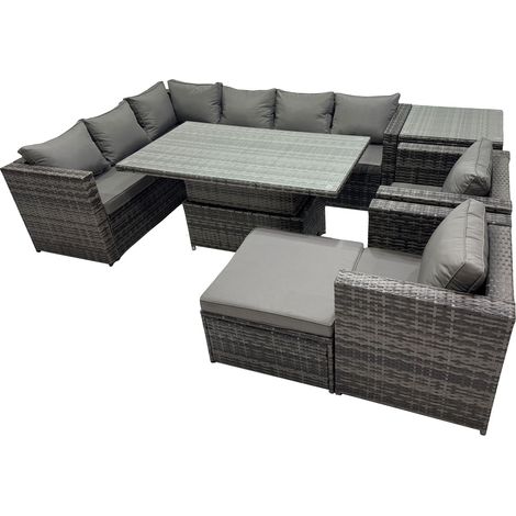 Fimous 9-seater Height Adjustable Rising Lifting Table Corner Sofa Set Rattan Garden Furniture Dining Set with Big Stool Side Table Dark Grey Mixed (1/5)