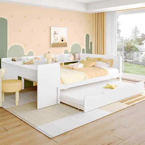 Lit plat en bois, 140x200cm, avec bureau, lit gigogne, lit double (sans matelas), avec étagères, pin et panneaux de particules, blanc, garantie 2 ans (1/5)