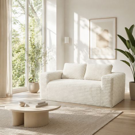 Canapé droit 2 places en velours côtelé – Dimensions 160×88×58cm – Assise profonde – Mousse haute densité – Design moderne beige