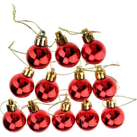 Boules de Noël brillantes de 3 cm, boules rondes décoratives pour sapin de Noël et fêtes - Lot de 12 (rouge)-Red