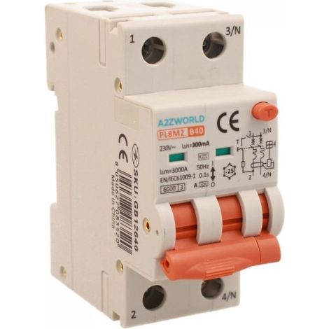 RCBO Interruttore Magnetotermico Differenziale Con Doppia Leva Tipo A Curva B 2P 2M 6000A 300mA, Diagnostica Visiva, B40A  AC 230V IP20 IEC61009-1 PL8M2