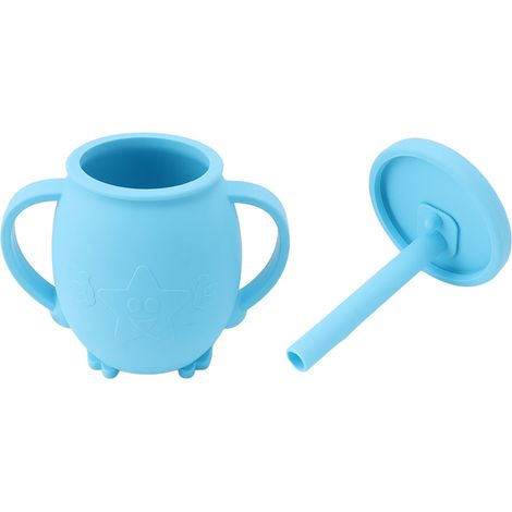 Gobelet bébé 230ml en silicone avec couvercle paille, poignées antidérapantes, anti-fuite, entraînement à la tasse pour tout-petits, bleu (1/5)