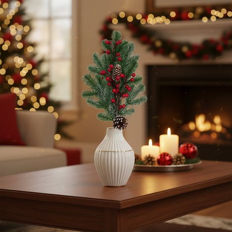 Ramo natalizio artificiale con pigne e bacche per decorazione ambienti h 60 cm (1/3)