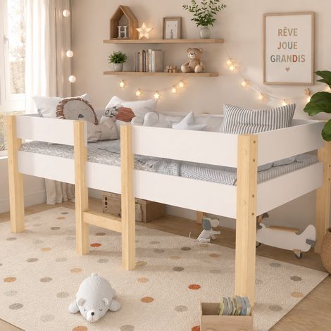 Lit enfant surélevé 90x200 cm Aapaas en pin massif blanc et chêne avec barrière de sécurité, échelle et sommier (1/5)