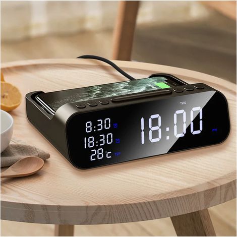 Réveil de bureau avec chargeur sans fil LED 4 en 1 de 15 W pour téléphone - Noir (1/5)