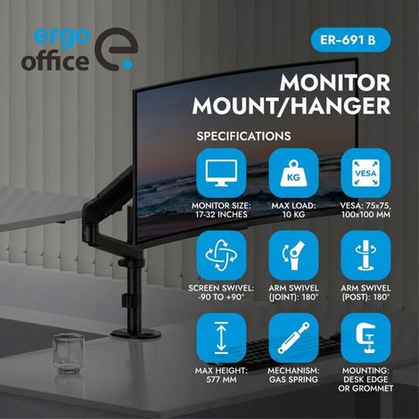Soporte / colgador para monitor Ergo Office, resorte de gas, 17"-32", 1-10 kg, negro mate, VESA máx. 100x100, ER-691B (1/5)