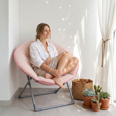 Klappbarer Schafwoll-Saucertischstuhl,Tragbarer Klappbarer Weicher Mondstuhl,für Schlafzimmer, Wohnheimplätze, Wohnungen, Entspannungsbereiche, Gärten und Höfe,Pink