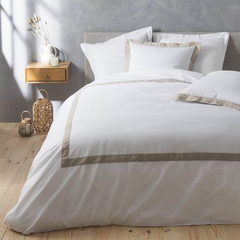 Douceur D'Intérieur – Parure de lit Lauraline 240x220 cm – 95% coton 5% lin – Tissage 57 fils/cm² – Couture en lin brodée beige