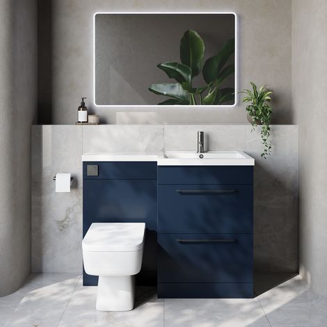 Napoli 460 Deep Blue 1100mm 2 Drawer Vanity Unit Toilet Suite with Right Hand Square Lucia Basin - 1100mm - Gunmetal Grey 320mm HandleWith Kingston Toilet Pan and Seat