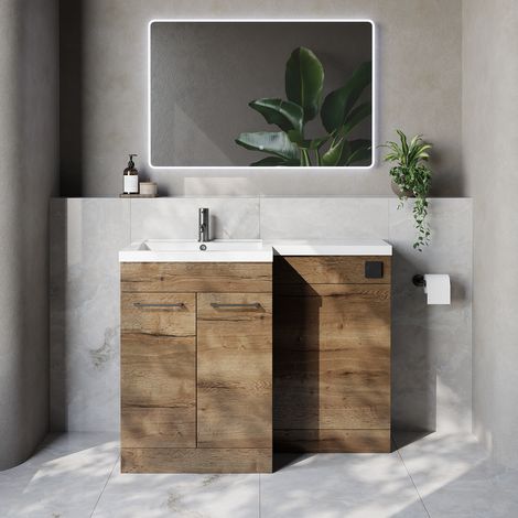 Napoli 460 Tobacco Oak 1100mm 2 Door Vanity Unit Toilet Suite with Left Hand Square Lucia Basin - 1100mm - Gunmetal Grey 160mm HandleWithout Kingston Toilet Pan