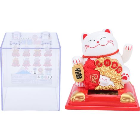Ortviai Statue de chat porte-bonheur solaire blanc avec couvercle anti-poussière, 8,1 x 9,8 cm, décoration intérieure