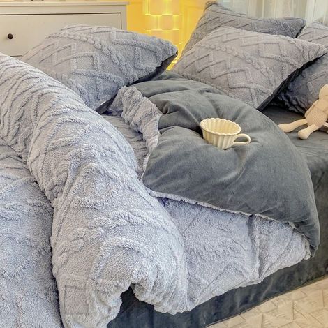 Housse de Couette Flanelle 200x230 cm,Parure de Lit Polaire Chaude Hiver,Comprend 1 Drap 250×230 et 2 Taies d’Oreiller,Jaune, Gris (1/5)