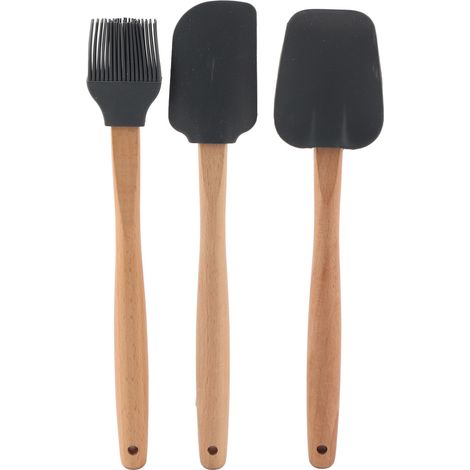 Set di 3 utensili da cucina con manici in legno: spatola, pennello per olio e raschietto per padelle antiaderenti. (1/5)