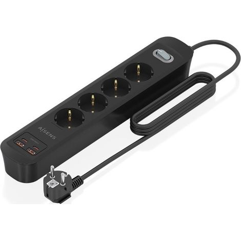 AISENS - ASPS-2A2C13-BK - REGLETA DE ENCHUFES MULTIFUNCION con 4 Tomas + Cargador PD3.0 20W 2xUSB-C, 2xUSB-A, 1.4M, Negro