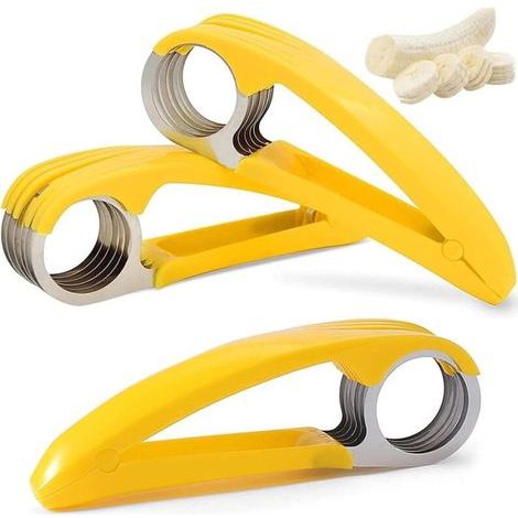 Bananenschneider aus Edelstahl, 3-teiliger multifunktionaler tragbarer Schneider mit 6 Klingen für Würstchen, Kiwis, Gurken und Bananen. (1/4)