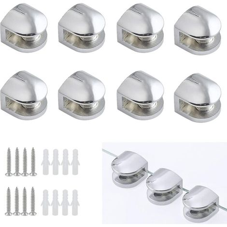Ineasicer 8 Pièces Pince à Verre, Fixation Réglable Verre en Alliage de Zinc, Support pour Tablette Etagere Tablettes 5-8 mm D'épaisseur, Argent (1/4)