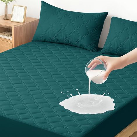 Waterproof Mattress Protector 140 x 200 cm, Anti-Dust Mite Mattress Protector up to 30 cm, Quilted Washable Mattress Protector, Elastic Mattress Protector All Around, Dark Green (1/5)