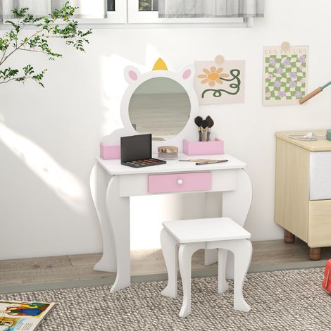 Tavolo da trucco per bambini con sgabello e specchio, tavolo da trucco per bambine con cassetto e scomparti, design unicorno bianco (1/5)