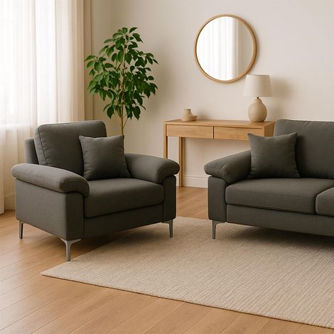 Modern Grey Sofa 2  1 Seater Set Fabric with Chrome Feet - Comfortable Couch with Cushion for Living Room, Bedroom or Office