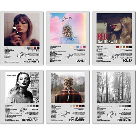 Lot de 6 Affiches Taylor Swift Albums Folk, Lover, Red, Midnight, Reputation, Timeless - Décor mural Pochoirs de Couverture, Cadeaux pour Fans (1/3)