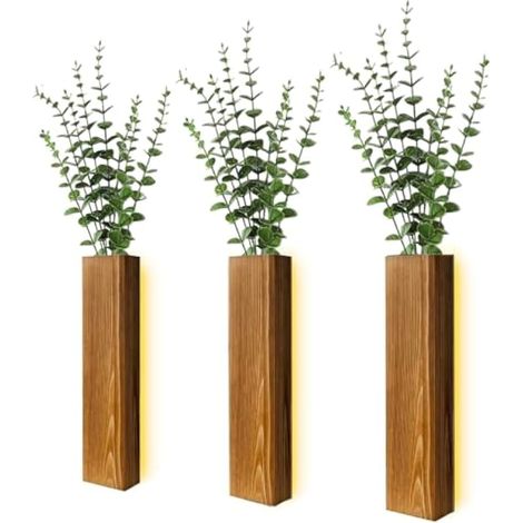 Lot de 3 Vases Muraux en Bois avec Lumières LED, Jardinière Murale en Bois pour Chambre et Salle de Bain, Vase Mural Polyvalent pour Fleurs Séchées et Fausses Plantes Vertes (1/5)