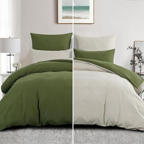 Housse de Couette 240x260 Réversible avec 2 Taies d'oreiller 65x65 cm (Vert Olive/Beige) - Parure de Lit 260 x 240 Adulte 2 Personne Microfibre avec Fermetures éclair (1/2)