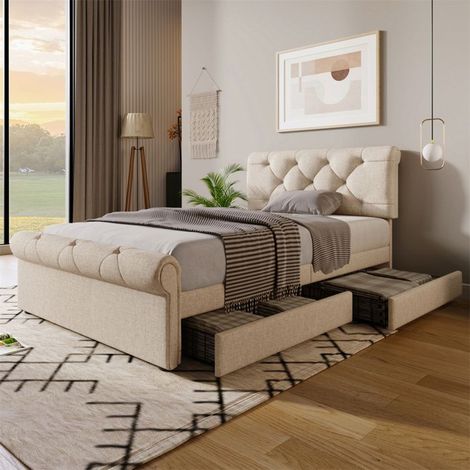Lit simple rembourré 90x200 cm Chesterfield avec 2 tiroirs, tête de lit réglable - naturel (sans matelas)