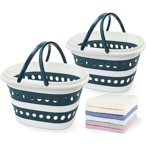 2 paniers à linge chambre 16L, corbeilles de rangement avec poignée, panier pop-up pliables gain de place pliant pour linge, bleu et salle de bain (1/5)
