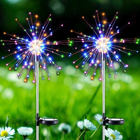 Lampe Solaire Extérieure Jardin Lot de 2,Décorations Feu d'Artifice 120 LED Multicolore,2 Modes d'Éclairage,Étanche pour Terrasse,Cour,Allée,Fête de Noël (1/5)