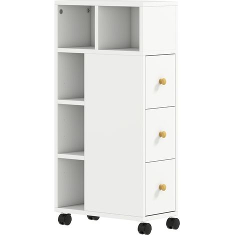 Mueble de baño estrecho blanco con 3 cajones y 5 huecos, 20 x 40 x 80 cm, con ruedas (1/5)