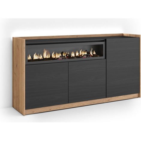 Skraut Home - Aparador para salón, Gran capacidad de almacenaje, 156x37x80cm, 3 Puertas, Chimenea eléctrica, LED, Estilo Moderno, Negro y roble (1/5)