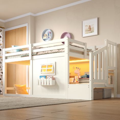 Lit mezzanine 90x200 cm Lit cabane enfant en pin, escalier de rangement, fenêtre, LED, blanc