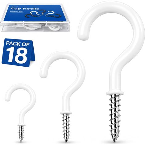 Lot de 18 crochets blancs à visser, 3 tailles 2,5 cm, 3,8 cm, 5,1 cm, crochets à vis revêtus de plastique pour tasses, armoires de cuisine, armoires, murs et bois (1/5)