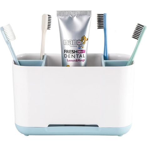 Support de brosse à dents avec deux séparateurs réglables, support de dentifrice en plastique, support de brosse à dents électrique multifonction pour coiffeuse, évier, comptoir, bleu (1/5)